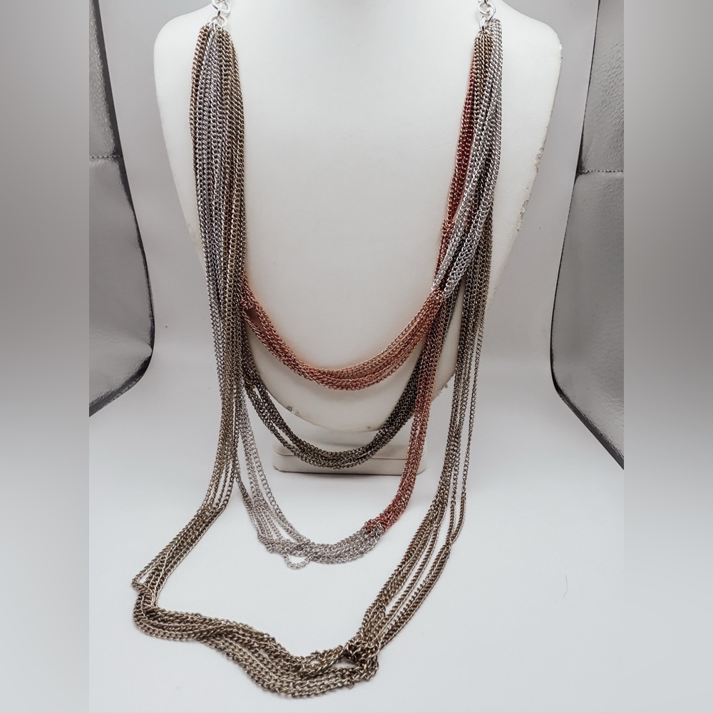 Tri Tone Layered Chain Necklace Silver Gold Rose Multi Strand Statement Jewelry